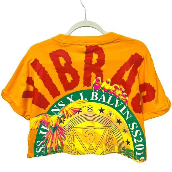 Guess X J. Balvin VIBRAS Graphic Cropped T-Shirt Bright Orange Yellow Rare XS - Picture 2 of 6